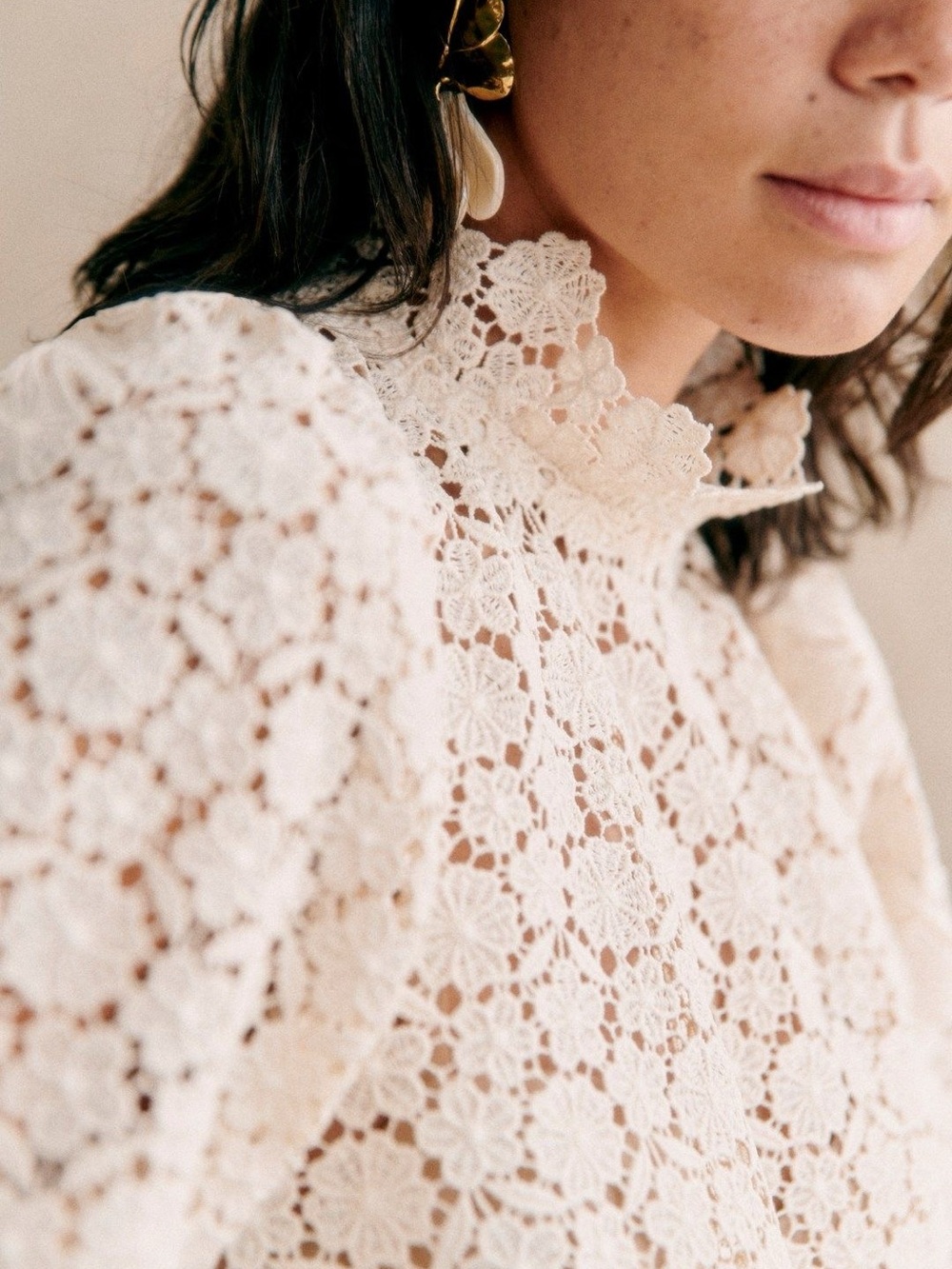 Sezane Cream Floral Lace Ruffle-Neck Long-Sleeve Blouse